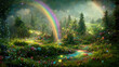 Leinwandbild Motiv Magical rainbow in fairy tale forest as fantasy wallpaper