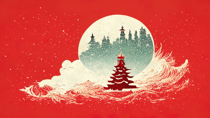 Wall Mural - merry christmas greeting card with tree in winter