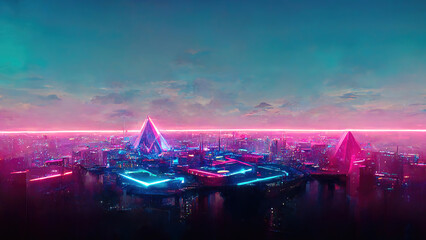 Glowing neon light synthwave cityscape background