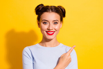 Wall Mural - portrait of positive lady point empty space recommend ads promotion isolated shine color background