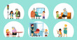 good manners kids. polite little people children giving way to elderly characters and helping to parents. Vector set conceptual pictures