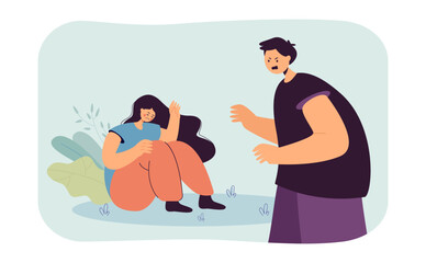 Poster - Man arguing with depressed girlfriend flat vector illustration. Couple having conflict, husband bullying his wife. Abuse, violence, fear concept for banner, website design or landing web page