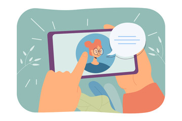 Wall Mural - phone with messenger on its screen flat vector illustration. human chatting with girl or friend onli