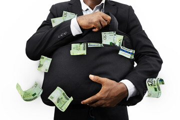 Wall Mural - Black Businessman holding black bag full of Libyan dinar notes isolated on white background, money falling from bag