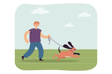 Wall Mural - Pet owner and dog on leash training together. Man and puppy jogging together on stadium track flat vector illustration. Active morning exercise concept for banner, website design or landing web page