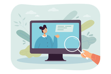 Wall Mural - human looking at computer monitor through magnifier. woman with text bubble on screen flat vector il