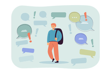 Wall Mural - school boy walking near speech bubbles and exclamation marks. information, dialog balloons and tiny 