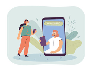 Poster - Online appointment for patient with doctor on phone screen. Tiny girl in headphones using mobile app flat vector illustration. Telemedicine concept for banner, website design or landing web page