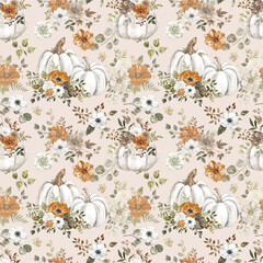 Autumn themed print with pastel pink background. Watercolor white pumpkins and rustic flowers seamless pattern made in neutral color palette.