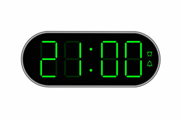 Wall Mural - Vector flat illustration of a digital clock displaying 21.00 . Illustration of alarm with digital number design. Clock icon for hour, watch, alarm signs.