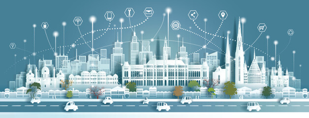 Wall Mural - Technology wireless network communication smart city with architecture landmarks Austria.