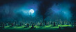 Leinwandbild Motiv Artistic painting concept of Halloween background with pumpkin in a spooky Graveyard at night, Natural color, digital art style, illustration painting. Creative Design, Tender and dreamy design.