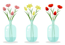 Vases With Flowers Set. Tulips In Vases. Lilies In Vases. Pink, Yellow And Red Flowers. Transparent Flower Vases With Water. Flower Vase Vector Illustration Isolated On White Background. Various Color