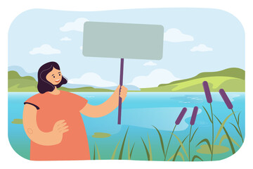 Poster - Activist holding empty sign board. Woman standing on edge of river landscape with protest banner flat vector illustration. Campaign, ecology concept for banner, website design or landing web page