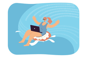 Wall Mural - Woman with laptop floating in digital waves of surf. Person exploring virtual cyberspace of internet flat vector illustration. Analysis, network concept for banner, website design or landing web page