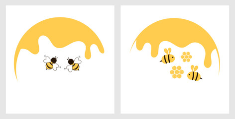 Wall Mural - honey sign logos with bee cartoons isolated on white backgrounds vector illustration.