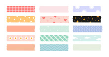 Decorative Tape Set. Element Colorful Paper. Adhesive Transparent Masking Tape Clip Art In Colors, With Polka Dot And Diagonal Stripe Patterns, Flowers, Clouds, Stars.