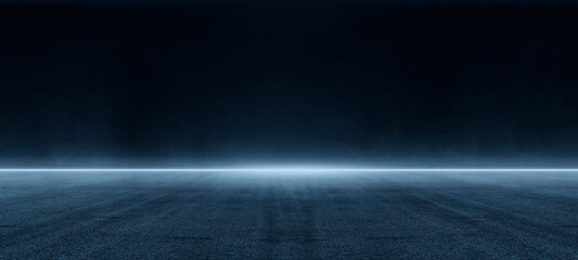 Dark street asphalt abstract dark blue background, empty dark scene, neon light, and spotlights  with smoke float up the interior texture for display products. illustration