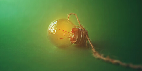 Glowing light bulb and innovation thinking creative concept on dark green background inspirational success with energy saving