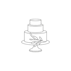 Vector line illustration silhouettes of wedding cake with floral decoration isolated on white background.