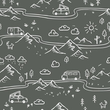 Road Trip Seamless Pattern, Doodle Camper Vans, Vanlife, Adventure - Great For Textiles, Banners, Wallpapers - Vector Design