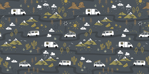 Road trip seamless pattern, doodle camper vans, vanlife, adventure - great for textiles, banners, wallpapers - vector design