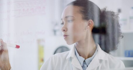 Wall Mural - science research, scientist planning future innovation and black woman writing on glass board while 