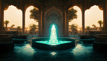 Eastern Landscape Of The Palace Complex With A Fountain At Sunset. Oriental, Arabic Arches And Architecture, Arabic Patio. 3D Illustration.