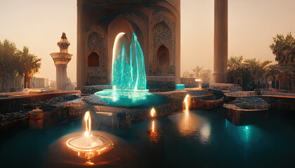 Wall Mural - Eastern landscape of the palace complex with a fountain at sunset. Oriental, Arabic arches and architecture, Arabic patio. 3D illustration.