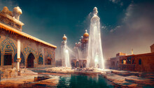 Eastern Landscape Of The Palace Complex With A Fountain At Sunset. Oriental, Arabic Arches And Architecture, Arabic Patio. 3D Illustration.