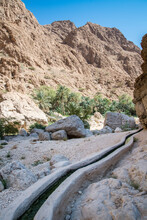 Irrigation System And Plantations In The Canyon Of Wadi Shab, Tiwi, Sultanate Of Oman, Middle East, Arabian Peninsula 