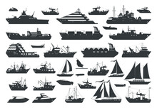 Cartoon Ships, Sea Travel Boats And Sailboats Silhouettes. Industrial And Commercial Sailing Ships, Motorboats And Fishing Trawlers Flat Vector Illustrations Collection. Shipping Boats Silhouettes