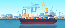 Cartoon Cargo Dock, Industrial Sea Shipping Port. Sea Harbour, Cargo Logistics Barge Ships, Water Trucking Industry Transport Vector Illustration. Flat Industrial Port Concept