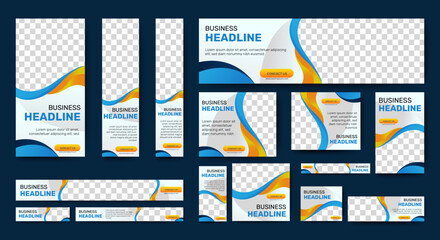 Wall Mural - Web banner template design set layout with photo and text space. White and blue. Business advertising set design template. Vertical, horizontal, square banners standard size. 