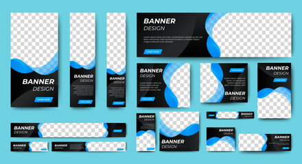 Canvas Print - Web banner template design set layout with photo and text space. Black and blue. Business advertising set design template. Vertical, horizontal, square banners standard size.