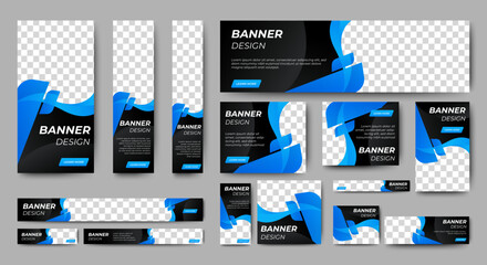 Poster - web banner template design set layout with photo and text space. black and blue. business advertisin