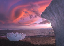 Ice Formations On Seashore At Sunset
