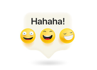 Poster - Hahaha concept. Chat bubble with cute emojis. Vector 3d illustration