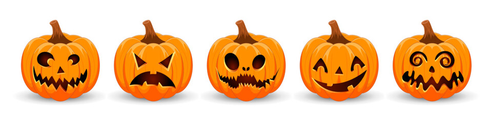 Wall Mural - Happy Halloween banner. Pumpkins isolated. Main symbol of Happy Halloween holiday. Orange pumpkins with scary smile Halloween. Horizontal holiday poster, header for website.