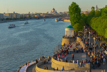 People Walking On Embankment Of The Moscow River