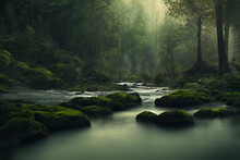 River Flowing Through The Forest, Calm Moody Nature Background, Long Exposure, Peaceful Green Environment, 3d Render, 3d Illustration