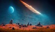 Raster illustration of desert planet with alien objects in the sky. Astronomy, falling meteorite, blue moon, galaxy nebula, satellites of the planet, science fiction, lifeless wasteland. 3D rendering