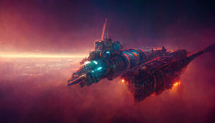 Spaceship on intergalactic station, war in space, fantasy space landscape. 3D illustration.