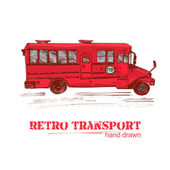 Hand drawn red retro bus isolated on white background. Vintage truck in sketch style. Art design for poster, flayer, banner. Illustration