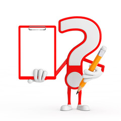Aufkleber - Question Mark Sign Cartoon Character Person Mascot with Red Plastic Clipboard, Paper and Pencil. 3d Rendering