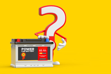 Poster - Question Mark Sign Cartoon Character Person Mascot and Rechargeable Car Battery 12V Accumulator with Abstract Label. 3d Rendering