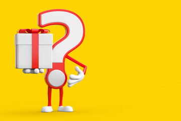 Aufkleber - Question Mark Sign Cartoon Character Person Mascot and Gift Box with Red Ribbon. 3d Rendering