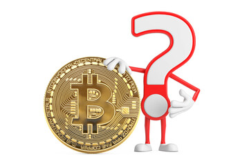 Aufkleber - Question Mark Sign Cartoon Character Person Mascot with Digital and Cryptocurrency Golden Bitcoin Coin. 3d Rendering