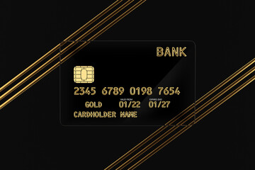 Aufkleber - Black Transparent Plastic Golden Credit Card with Chip and Abstract Golden Line. 3d Rendering
