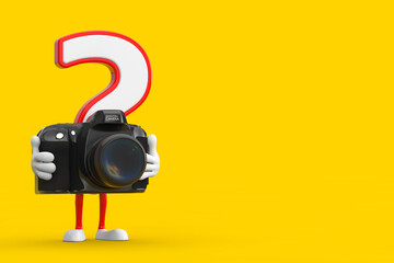 Aufkleber - Question Mark Sign Cartoon Character Person Mascot with Modern Digital Photo Camera. 3d Rendering